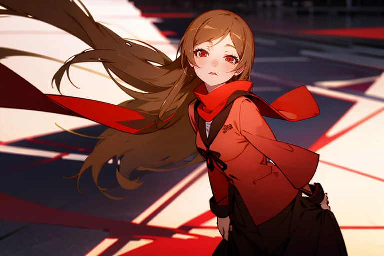 1girl in，Detailed details，Brown hair，Red eyes，Black sailor suit，Standing in the center，very long hair，Red scarf，radiant eyes，Long skirt，radiant eyes，Fluttering hair，