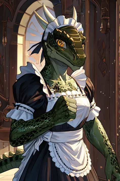 nj5furry,furry,anthro,solo,masterpiece,high detail,best shadow,8k,lustyargonian,scales,yellow eyes,lizard furry,argonian,maid cl...