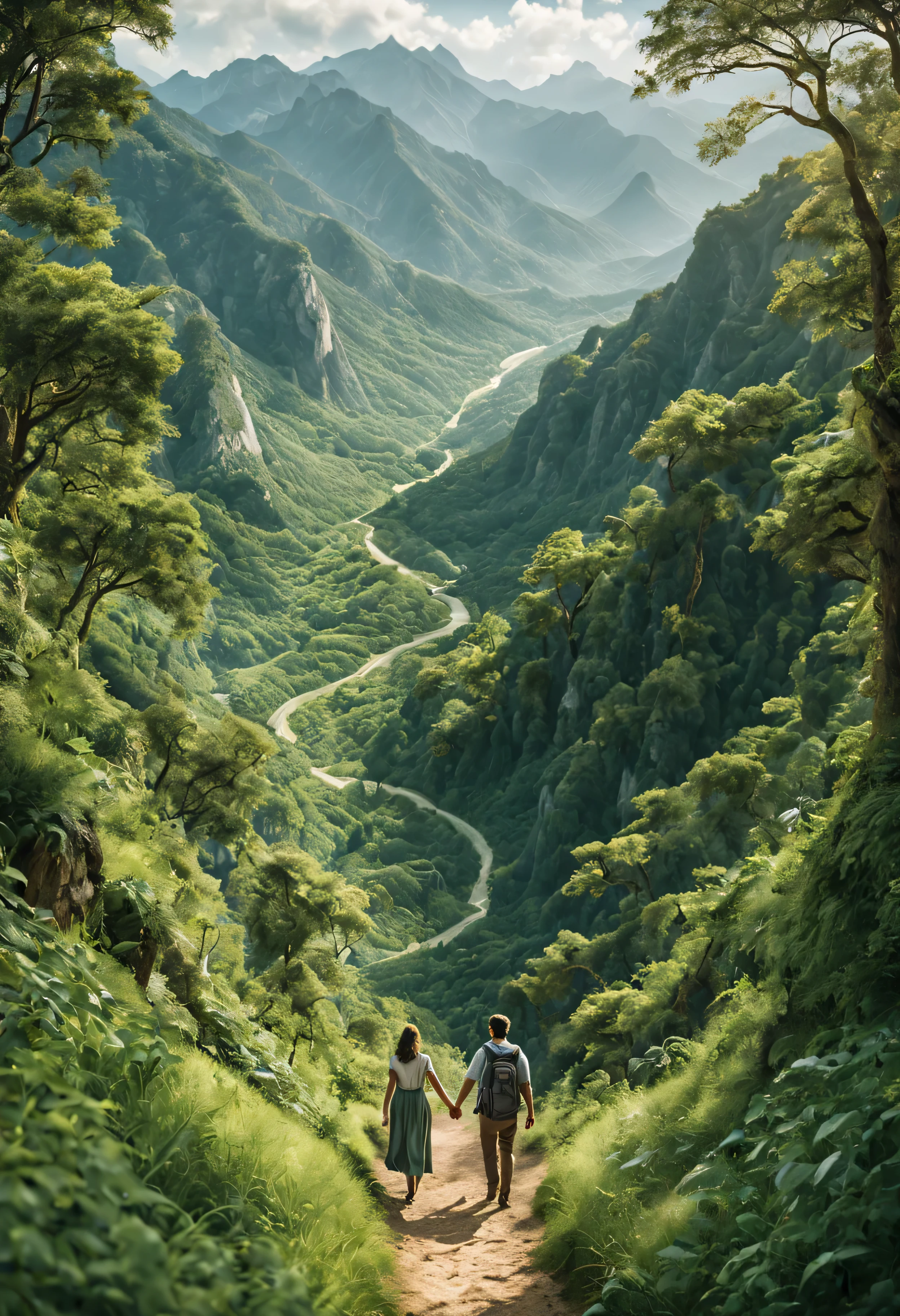 A scenic mountain trail surrounded by lush greenery. The couple navigates the trail together, surrounded by trees and panoramic views. Their intertwined fingers and shared gaze reflect the sense of unity and shared purpose described in the quote.