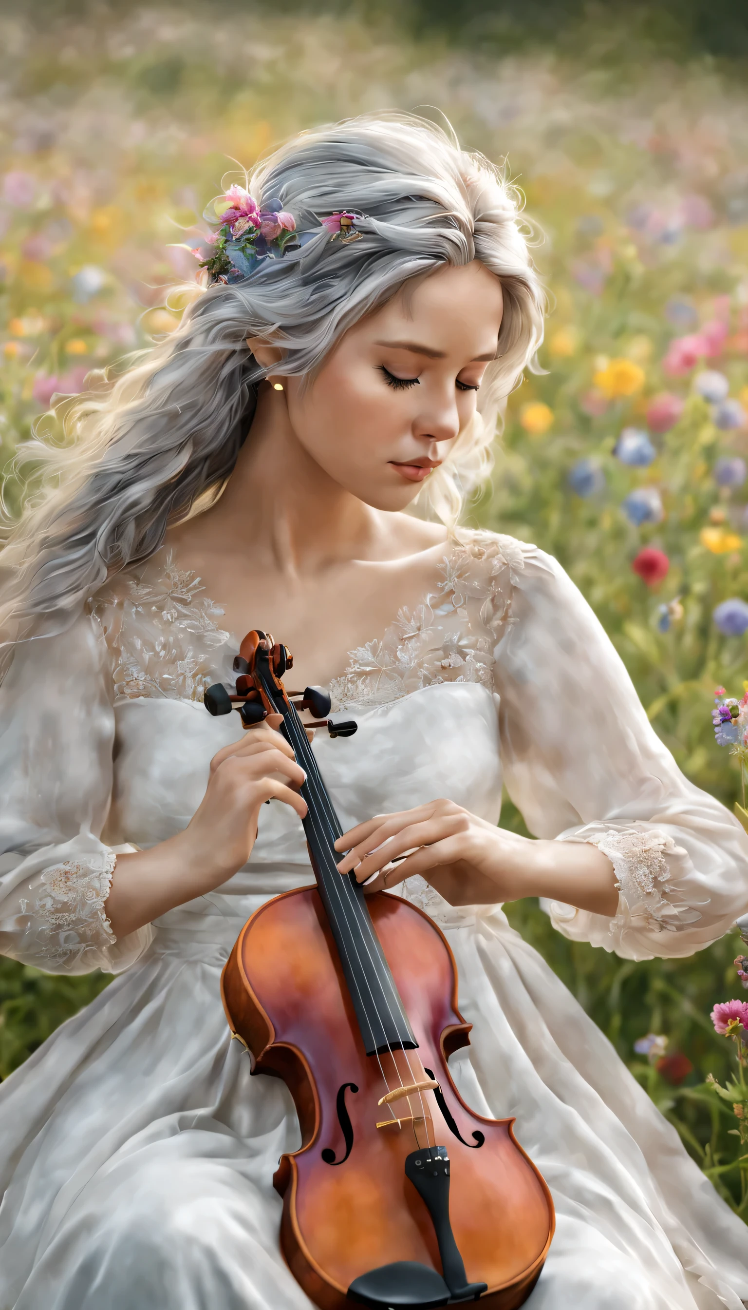 Serene Symphony: A lone violinist, eyes closed in deep concentration, plays amidst a field of wildflowers. Render a RAW portrait masterpiece showcasing the delicate details of their instrument, the gentle breeze tousling their silver hair, and the vibrant symphony of colors surrounding them. (Best HD detailed, High quality, 32k)