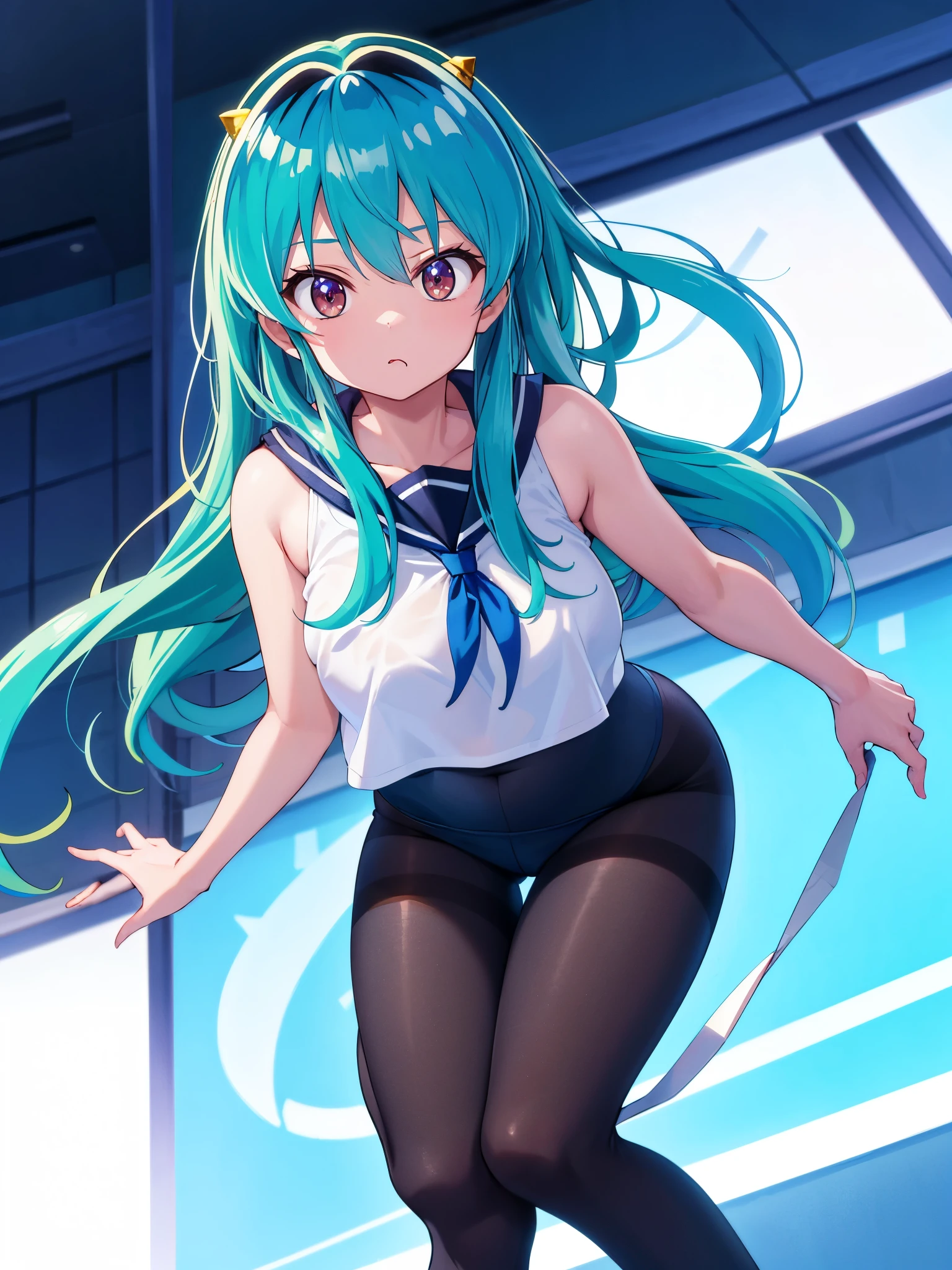 (1girl in),(High quality), (hight resolution), (Highly detailed), (in 8K),(lower body shot),Ram from Urusei Yatsura is wearing a transparent sailor swimsuit at school.),(Wearing black pantyhose)No shoes,Perfect Lighting,(Beautifully erect nipple shape:1.1),hight resolutionの美しい目,(Neutral white lighting:1.2),simple background,