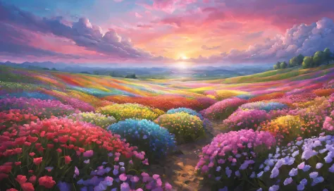 floral fantasy: a field of rainbow-colored flowers stretches endlessly towards a pastel sky, their petals shimmering with a soft...