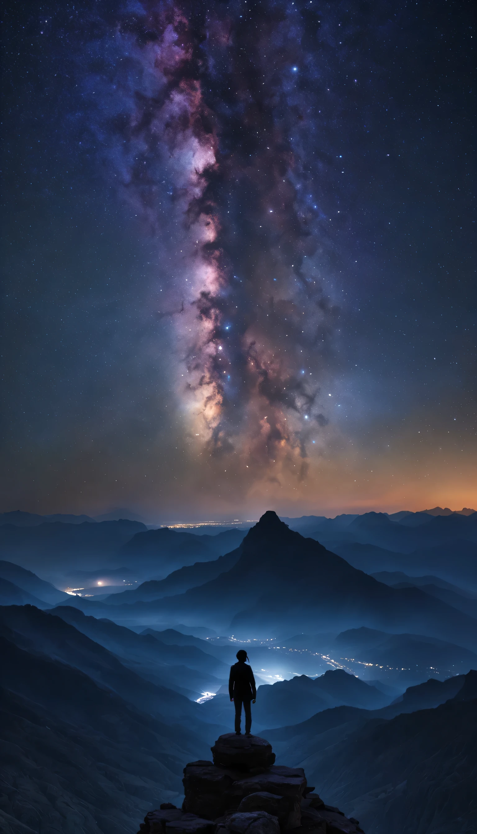 Voyageur des étoiles: une silhouette solitaire se dresse au sommet d’un imposant sommet de montagne, leur silhouette se détachant sur une étendue époustouflante de ciel étoilé. Capturez un chef-d'œuvre de portrait RAW, en vous concentrant sur l'immensité du cosmos, la lueur délicate des étoiles, et le sentiment de solitude et d'émerveillement. (Meilleur HD détaillé, Haute qualité, 32k)