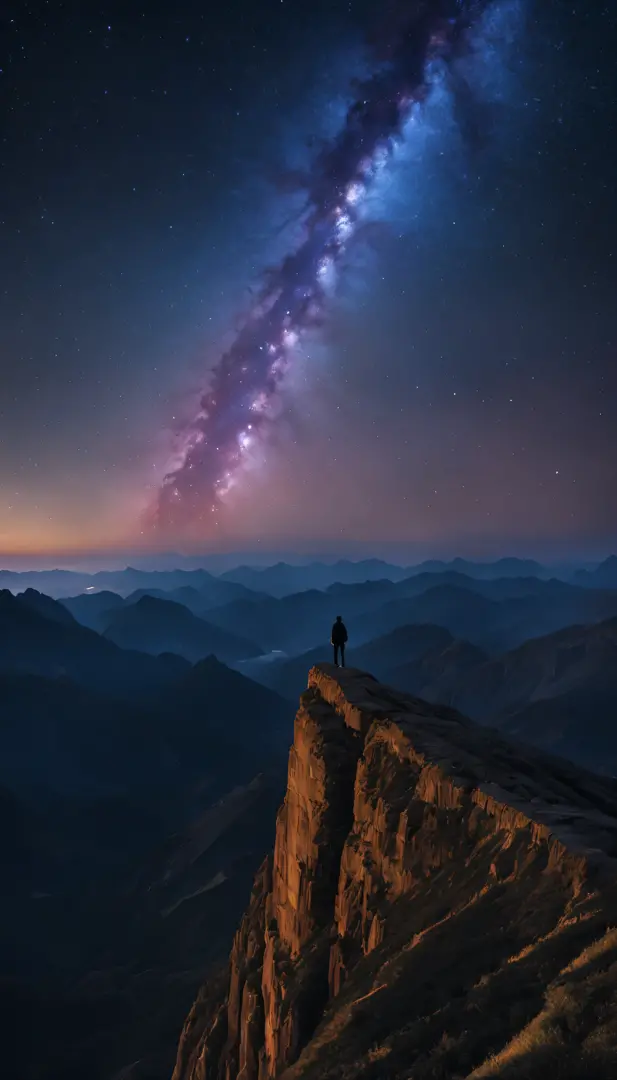 Starlight Wanderer: A lone figure stands atop a towering mountain peak, their silhouette outlined against a breathtaking expanse...