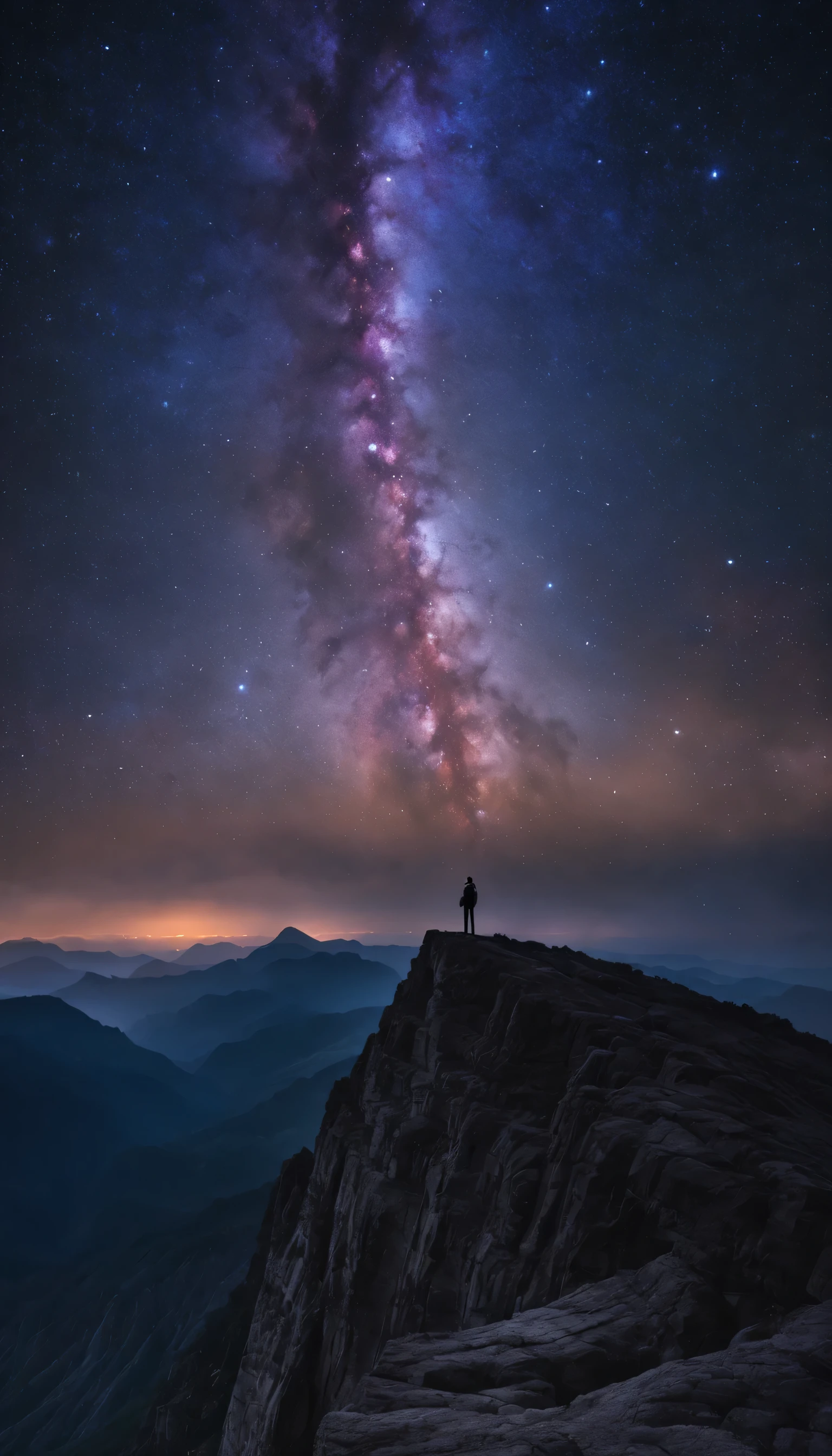 Vagabundo de la luz de las estrellas: Una figura solitaria se encuentra en la cima de una imponente montaña., su silueta recortada contra una impresionante extensión de cielo estrellado. Capture una obra maestra de retrato RAW, centrándose en la inmensidad del cosmos, el delicado resplandor de las estrellas, y la sensación de soledad y asombro. (mejor HD detallado, alta calidad, 32k)