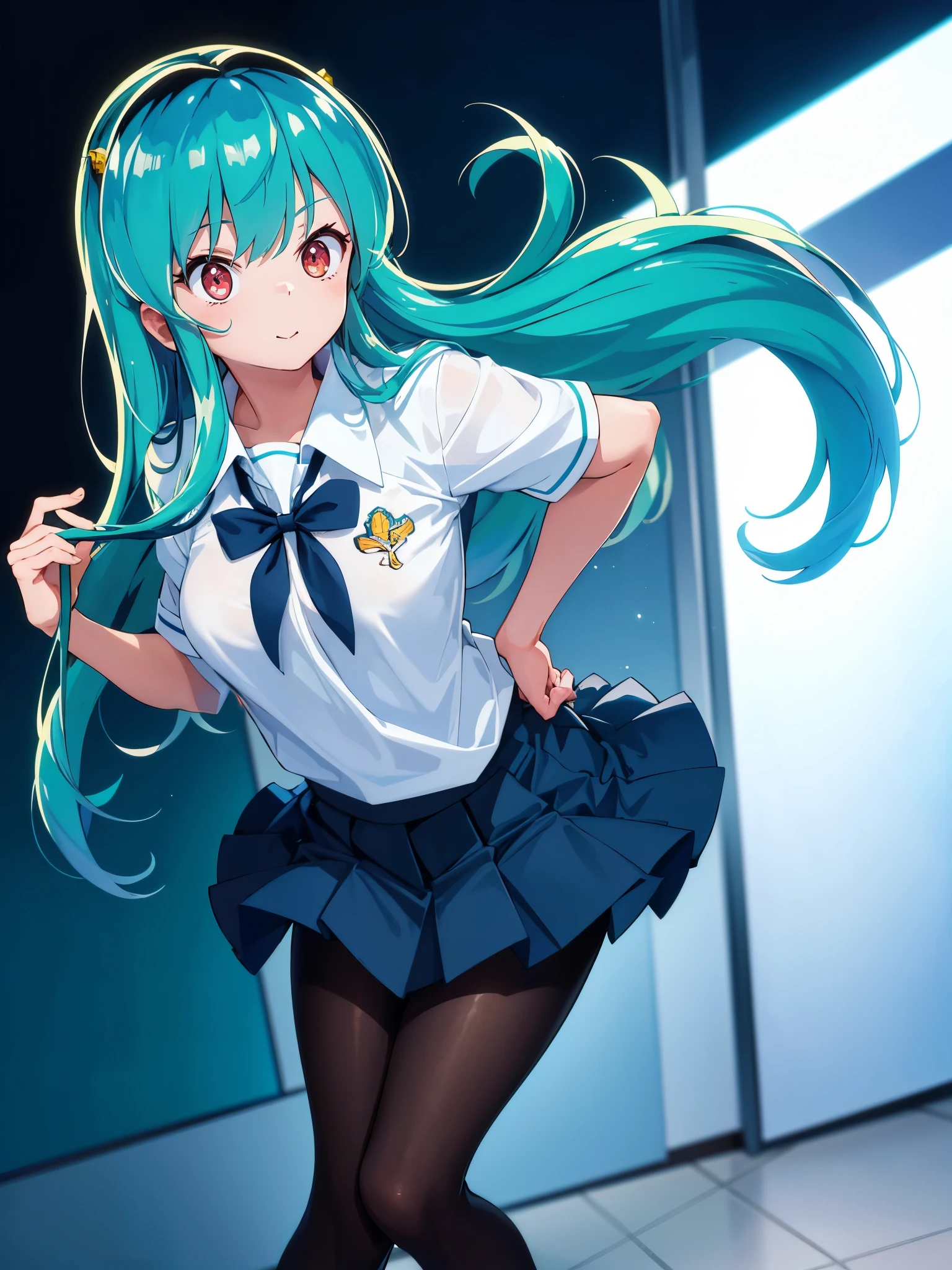 (1girl in),(High quality), (hight resolution), (Highly detailed), (in 8K),(lower body shot),Ram from Urusei Yatsura is wearing a school uniform and a navy pleated skirt.),(Wearing black pantyhose)No shoes,Perfect Lighting,(Beautifully erect nipple shape:1.1),hight resolutionの美しい目,(Neutral white lighting:1.2),simple background,