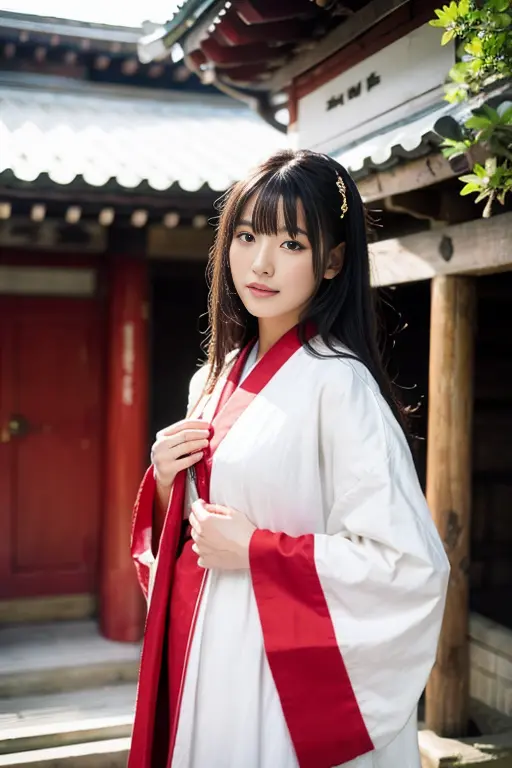 shrine maiden, very big, shrines, manteau blanc, crimson hakama