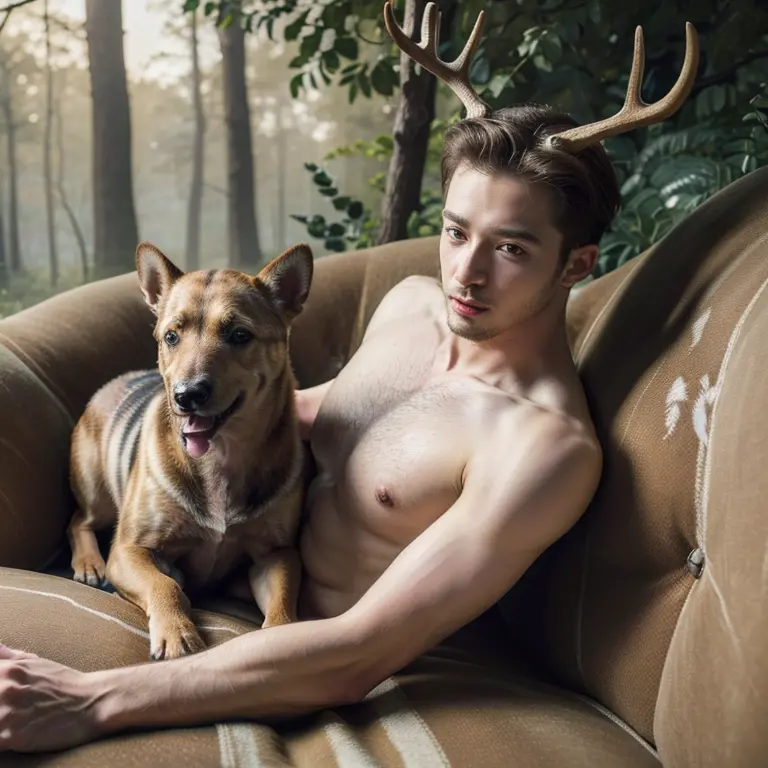 (masterpiece, best quality, 4k, dreamlike, hyperrealistic:1.35), (dogs kill deer male actaeon:1.5)