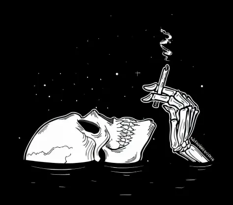 a black and white drawing of un esqueleto fumando,esqueleto fumando un cigarro, sumergido asta el cuello en lago de fango negro,melancoplico,MCBESS illustration, esqueletos fumando,MCBESS, high contrast illustration, Estilo de arte oscuro,((Fondo negro)),(...