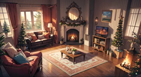fireplace beautifully decorated for Christmas, with a bear rug and pillows laying on the ground and a big plate with Christmas s...