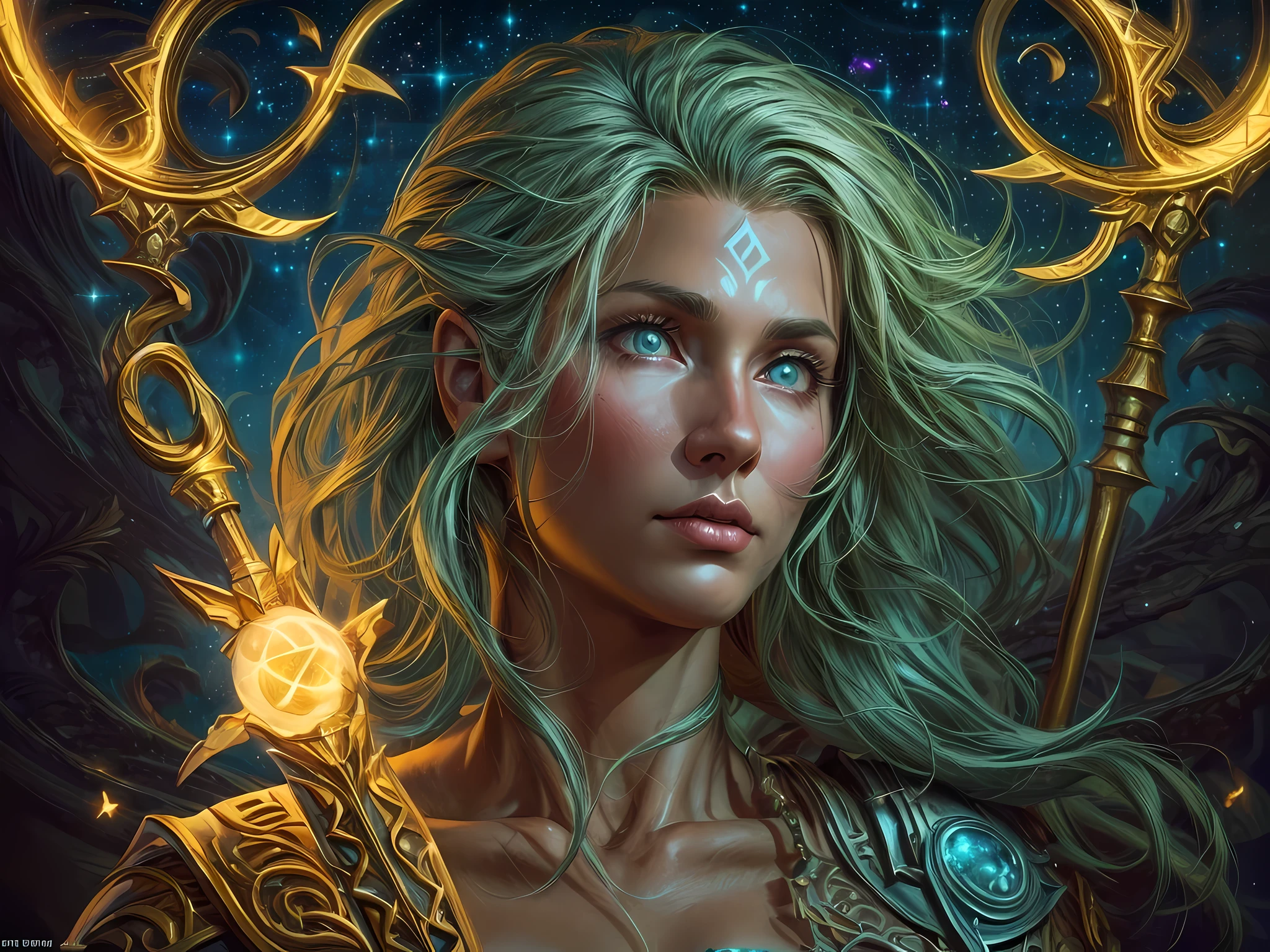 high details, best quality, 16k, [ultra detailed], masterpiece, best quality, (extremely detailed), dynamic angle, ultra wide shot, photorealistic, ((fantasy art)) ((larry elmore style)), dnd art, rpg art, realistic art, female human druid of the stars, guardian of nature, controlling magical energy made of stars, swirling blue stary magical light, divine symbols GlowingRunes_yellow (1.5 intricate details, Masterpiece, best quality), human female,  extremally beautiful, ultra feminine, dynamic hair, dynamic hair color, wearing leather armor CM-Beautiful_armor, holding a staff, moon light, stars, dynamic natural background,  RPG art, magical atmosphere magic-fantasy-forest, ultra best realistic, best details, best quality, 16k, [ultra detailed], masterpiece, best quality, (extremely detailed), ultra wide shot, photorealism, depth of field, hyper realistic painting, 3D rendering