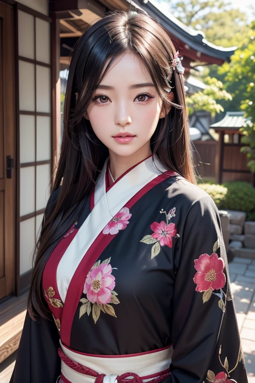 ​masterpiece, 1 beautiful girls, detaileds, Swollen eyes, top-quality, 超hight resolution, (现实: 1.4), OriginalPhotographs, 1girl in, 电影灯光, (A smile,:0.5) japanes, Asian Beauty, Korean, Proper, very extremely beautiful, Slightly younger face, Beautiful skins, slender, Background of New Year&#39;s Shrine, (A hyper-realistic), (illustratio), (hight resolution), (8K), (非常にdetailedeautifully detailed eyes with the best illustrations), (超detaileds), (wall-), (detaileds顔), looking at the viewers, 細かいdetaileds, detailedsな顔、deep-shadows、Unobtrusive、pureerosfaceace_v1、46 points with diagonal straight.　furisode、japanese kimono、hair adornments、Black colored eyes、