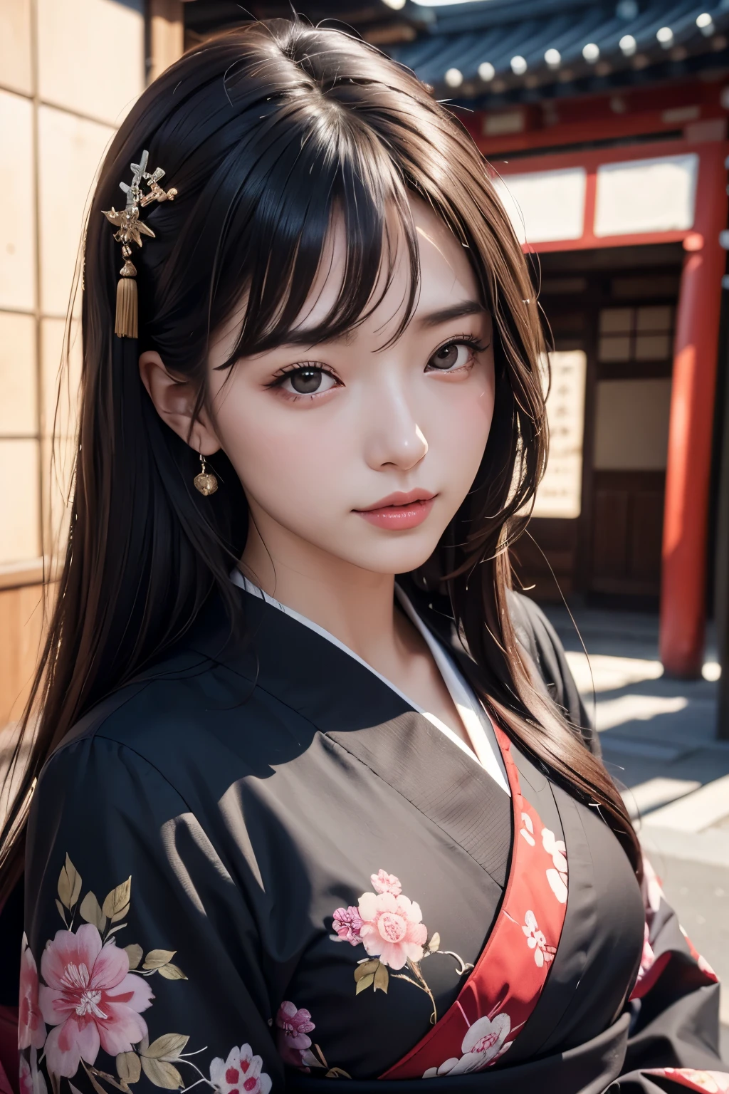 ​masterpiece, 1 beautiful girls, detaileds, Swollen eyes, top-quality, 超hight resolution, (现实: 1.4), OriginalPhotographs, 1girl in, 电影灯光, (A smile,:0.5) japanes, Asian Beauty, Korean, Proper, very extremely beautiful, Slightly younger face, Beautiful skins, slender, Background of New Year&#39;s Shrine, (A hyper-realistic), (illustratio), (hight resolution), (8K), (非常にdetailedeautifully detailed eyes with the best illustrations), (超detaileds), (wall-), (detaileds顔), looking at the viewers, 細かいdetaileds, detailedsな顔、deep-shadows、Unobtrusive、pureerosfaceace_v1、46 points with diagonal straight.　furisode、japanese kimono、hair adornments、Black colored eyes、