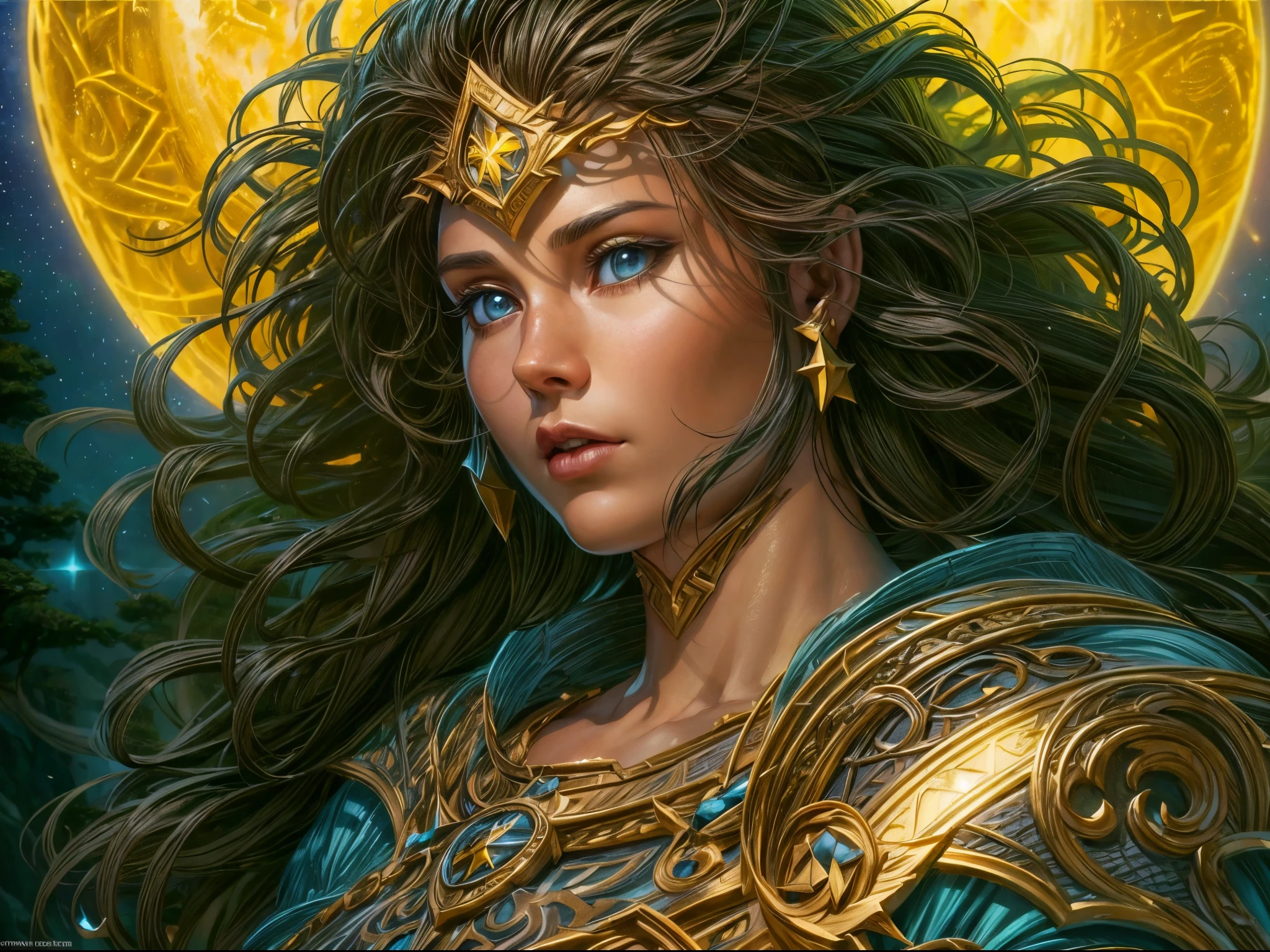 high details, best quality, 16k, [ultra detailed], masterpiece, best quality, (extremely detailed), dynamic angle, ultra wide shot, photorealistic, ((fantasy art)) ((larry elmore style)), dnd art, rpg art, realistic art, female human druid of the stars, guardian of nature, controlling magical energy made of stars, swirling blue stary magical light, divine symbols GlowingRunes_yellow (1.5 intricate details, Masterpiece, best quality), human female,  extremally beautiful, ultra feminine, dynamic hair, dynamic hair color, wearing leather armor CM-Beautiful_armor, holding a staff, moon light, stars, dynamic natural background,  RPG art, magical atmosphere magic-fantasy-forest, ultra best realistic, best details, best quality, 16k, [ultra detailed], masterpiece, best quality, (extremely detailed), ultra wide shot, photorealism, depth of field, hyper realistic painting, 3D rendering