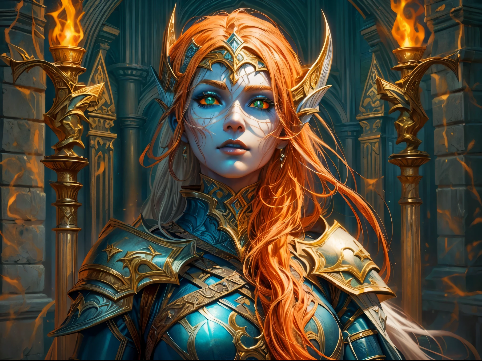 fantasy art, dnd art, RPG art, wide shot, (masterpiece: 1.4) portrait, intense details, highly detailed, photorealistic, best quality, highres, portrait a vedalken female (fantasy art, Masterpiece, best quality: 1.3) ((blue skin: 1.5)), intense details facial details, exquisite beauty, (fantasy art, Masterpiece, best quality) cleric, (blue colored skin: 1.5) 1person blue_skin, blue skinned female, (white hair: 1.3), long hair, intense green eye, fantasy art, Masterpiece, best quality) armed a fiery sword red fire, wearing heavy (white: 1.3) half plate mail armor CM-Beautiful_armor wearing high heeled laced boots, wearing an(orange :1.3) cloak, wearing glowing holy symbol GlowingRunes_yellow, within fantasy temple background, reflection light, high details, best quality, 16k, [ultra detailed], masterpiece, best quality, (extremely detailed), close up, ultra wide shot, photorealistic, RAW, fantasy art, dnd art, fantasy art, realistic art,