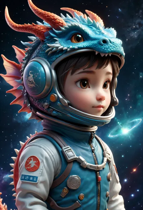 有一个bring a helmet头盔的小生肖龙，（bring a helmet），cute 3d rendering，little astronaut looking up，，zodiac space cadet portrait dragon，cute...