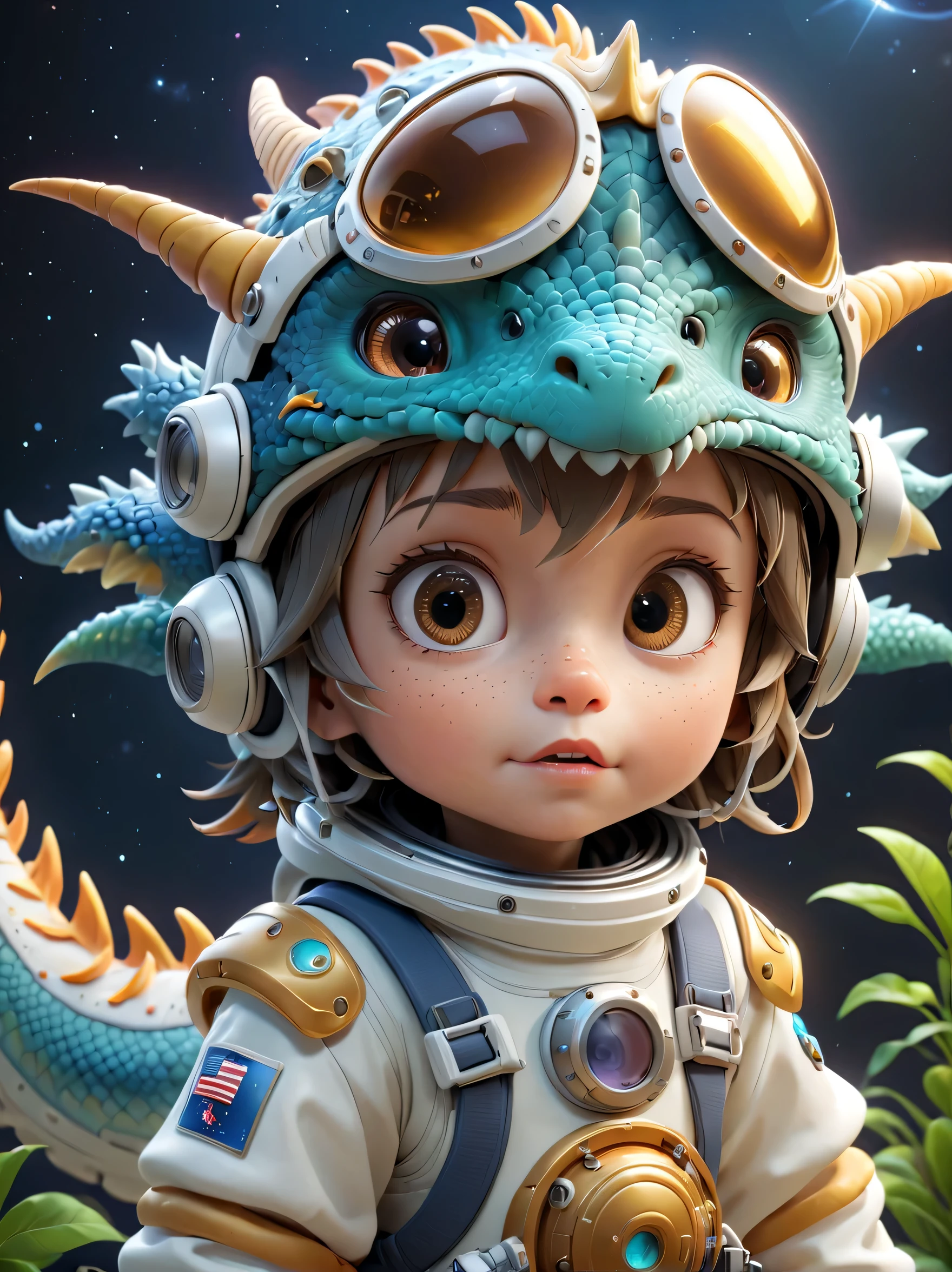 有一个Apportez un casque的小生肖龙，（Apportez un casque），joli rendu 3D，petit astronaute levant les yeux，，Dragon portrait de cadet de l&#39;espace du zodiaque，joli rendu 3D of cartoon zodiac dragon，Art numérique mignon et détaillé，Explorateur de dragon du zodiaque，Mini dragon du zodiaque mignon，rendu 3D stylisé，Art de la figure rendu 3D 8k，belle peinture numérique，style animé 3D，Rendu ultra détaillé