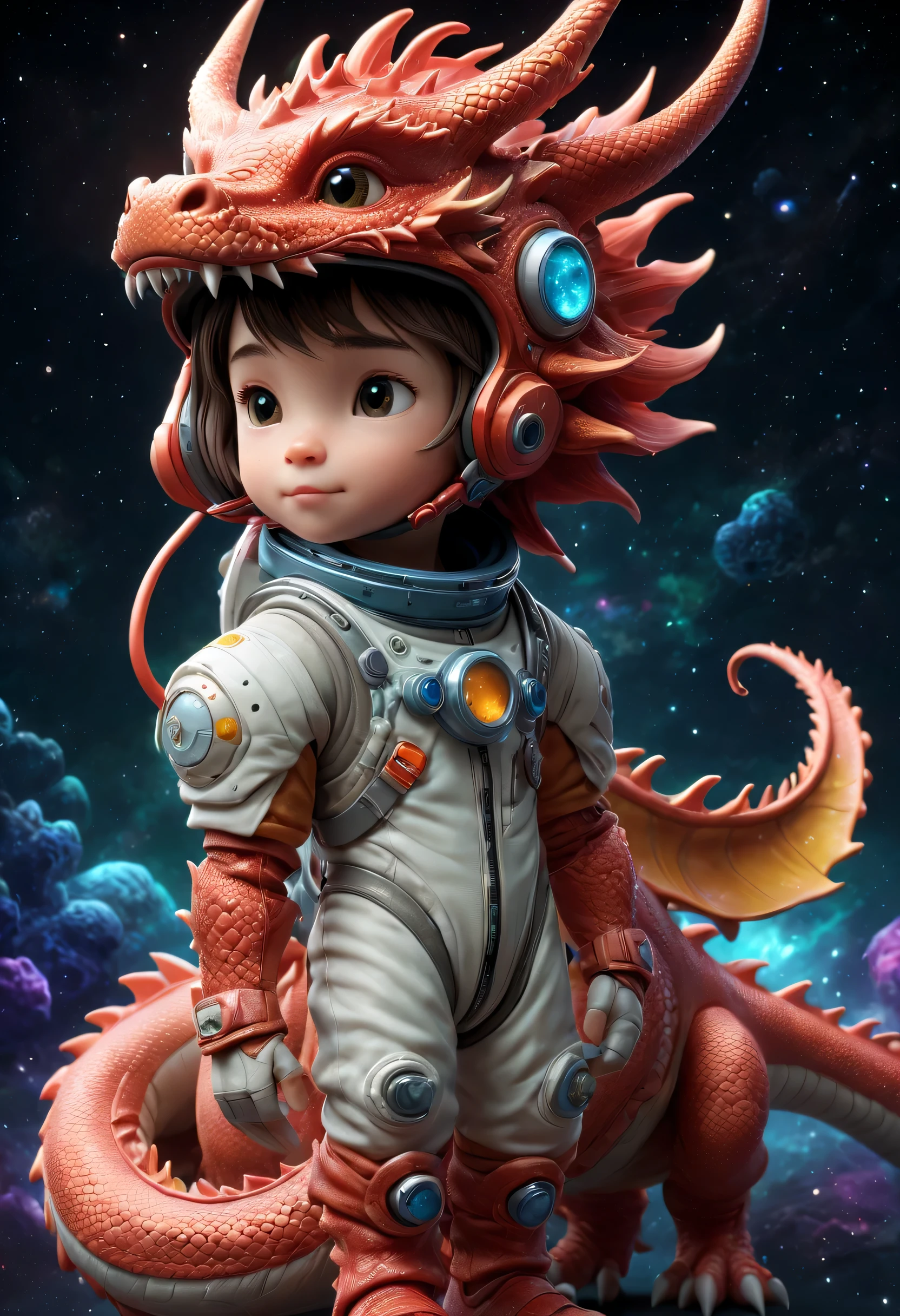 有一个ヘルメットを持参してください头盔的小生肖龙，（ヘルメットを持参してください），かわいい3Dレンダリング，見上げる小さな宇宙飛行士，，星座宇宙飛行士の肖像画ドラゴン，かわいい3Dレンダリング of cartoon zodiac dragon，かわいくて精巧なデジタルアート，十二支龍探検家，かわいいミニ干支ドラゴン，様式化された 3D レンダリング，3D レンダリングされたフィギュア アート 8k，素敵なデジタル絵画，アニメスタイルの3D，超詳細なレンダリング