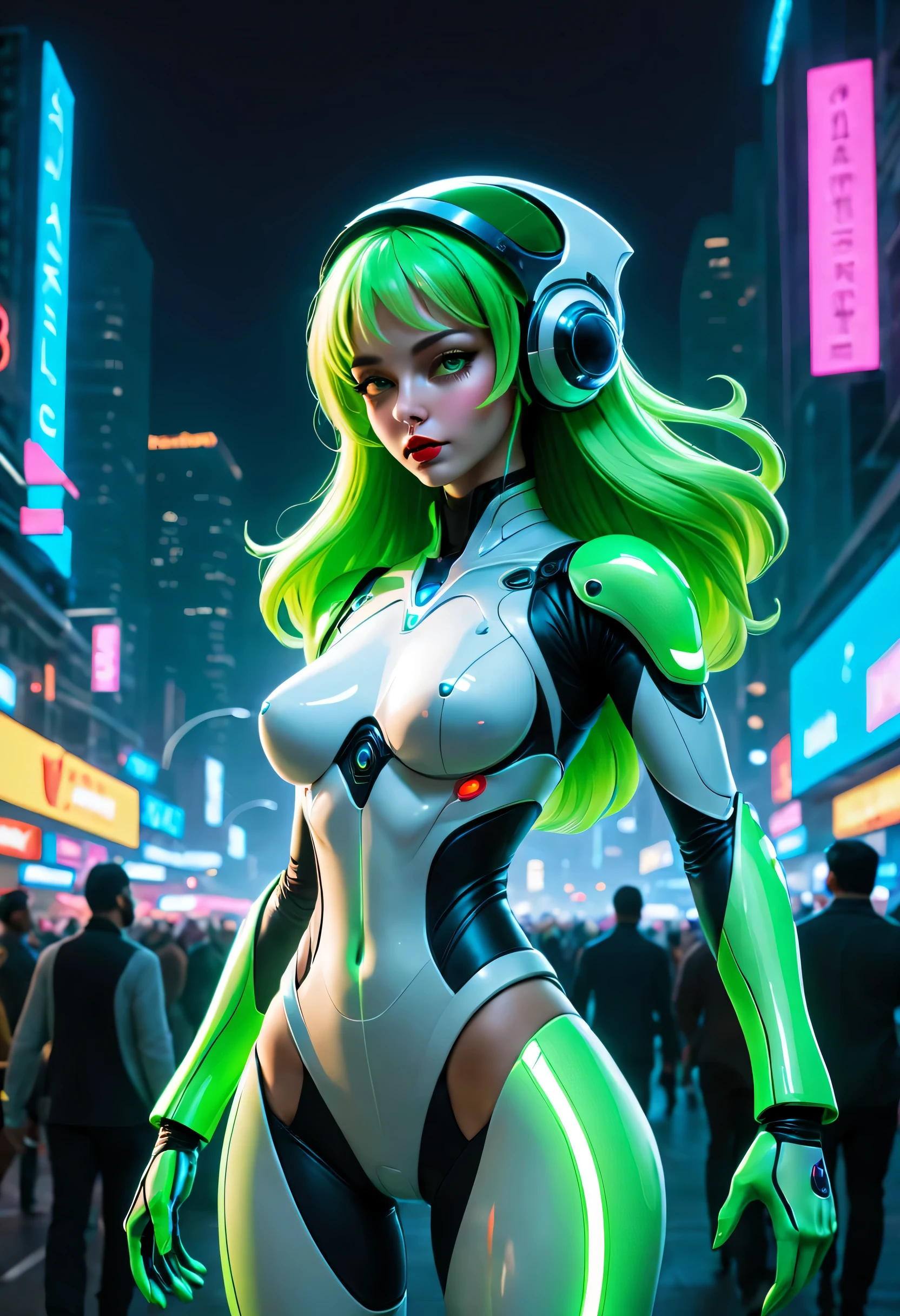 (a) sexy green alien woman, (shiny, sexy) space suit, gathering up a crowd of men, UfOs in the sky overhead. (best quality, 4k, highres:1.2), ultra-detailed, (realistic:1.37), vivid colors, sharp focus, studio lighting. alien, woman, green skin, seductive look, alluring pose, long vibrant hair, mysterious eyes, red lips, slim figure, elegant in appearance, confident demeanor. (space suit:1.1), futuristic design, metallic material, form-fitting, glowing accents, sleek helmet, transparent visor, sleek boots, glowing gloves. (gathering up a crowd of men), fascinated expressions, diverse group, different ages and ethnicities, captivated by the alien's presence, intrigued by her aura. (UFOs:1.1) in the sky overhead, hovering spacecraft, bright lights, unidentified flying objects, otherworldly presence. (scene:1.1), bustling city street, nighttime setting, illuminated skyscrapers, busy pedestrians, amazed onlookers, awe-inspiring atmosphere. (colorful:1.1), vibrant city lights, neon signs, glowing advertisements, contrasting against the dark sky. (artistic:1.1), concept artists, sci-fi influence, realistic yet imaginative, visually appealing composition, dynamic poses and gestures. (enhanced:1.1) with HDR and UHD technology, capturing the smallest details, lifelike textures, enhanced contrast and saturation. Note: 1. Please remove the parentheses and everything inside when writing the Stable Diffusion prompt. 2. Feel free to adjust the strengths and add other relevant details if needed.