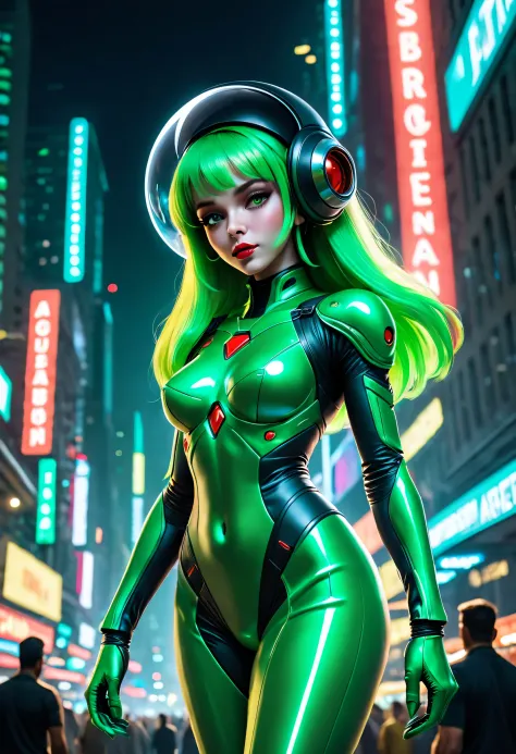 (a) sexy green alien woman, (shiny, sexy) space suit, gathering up a crowd of men, UfOs in the sky overhead. (best quality, 4k, ...