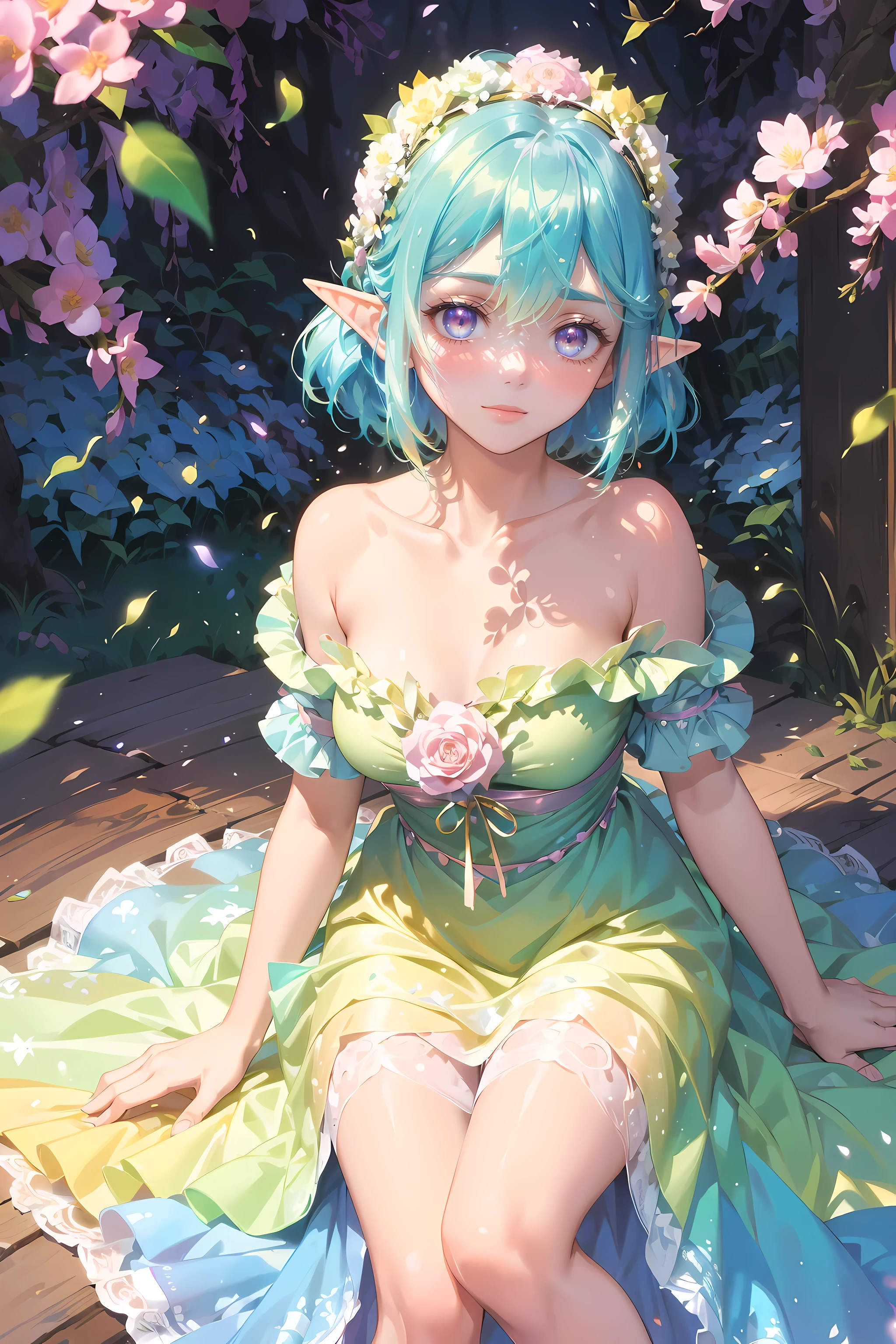 Anime girl with blue hair sitting on a wooden deck in a green dress -  SeaArt AI