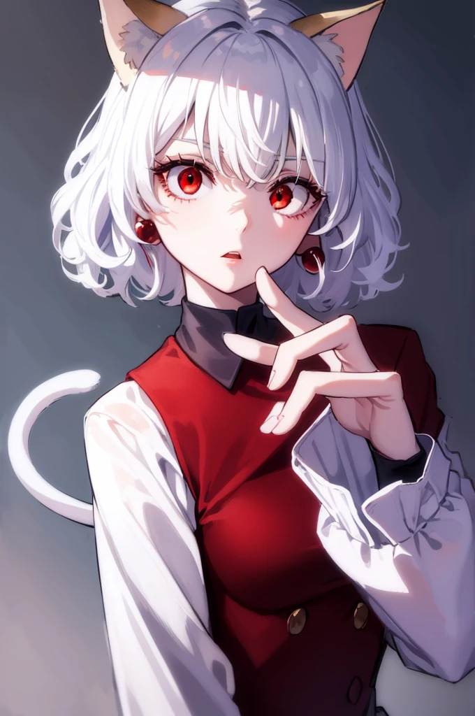 neferpitou, neferpitou, short hair, (red eyes:1.5), long sleeves, animal ears, tail, white hair, shorts, cat ears, cat tail, curly hair, BREAK looking at viewer, BREAK outside, BREAK (masterpiece:1.2), best quality, high resolution, unity 8k wallpaper, (illustration:0.8), (beautiful detailed eyes:1.6), extremely detailed face, perfect lighting, extremely detailed CG, (perfect hands, perfect anatomy),goth girl woman, pale skin, red lips,  japanese bang, high quality, red eyes, simple background, dark background, serious look,  black clothes, choker, detailed face, detailed eyes, black hair, eyelashes, earrings, portrait,