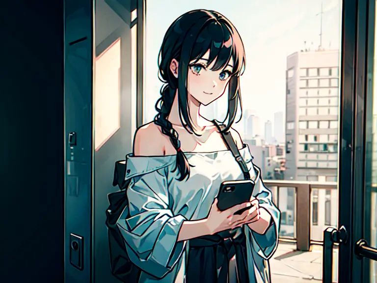 a 1girl , Holds out his hand, holding the phone with shoulder length hair,