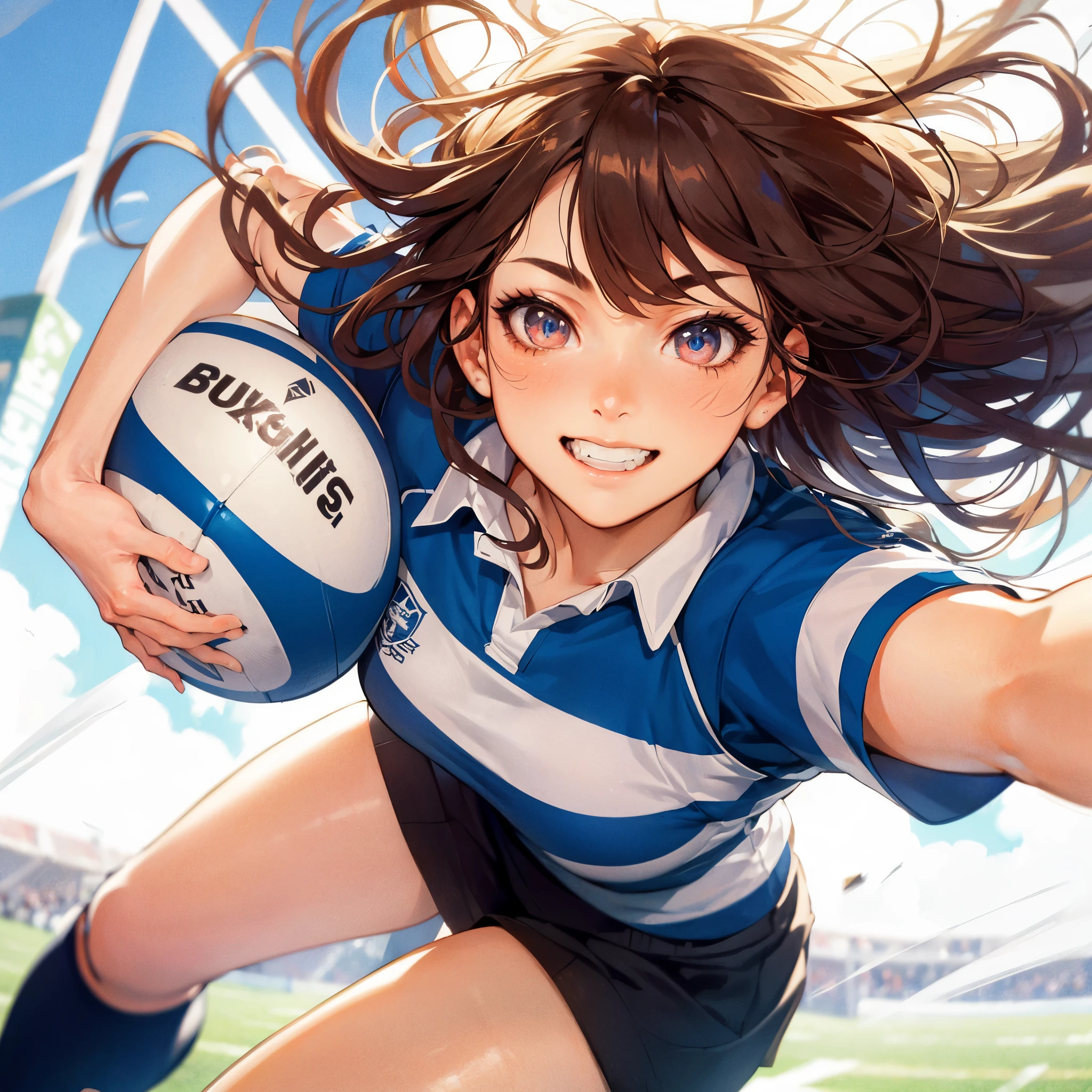 (Best Quality, masutepiece),ultra detailed photographic,1girl in, Women's Rugby Players ,Large breasts,trained abs,nice legs,hold a rugbyball At the rugby venue,Detailed beautiful face,Beautiful eyes,detailed hairs,detailed  clothes,Detailed realistic skin,Cool,Dynamic Angle,