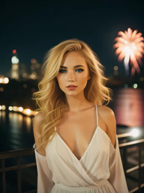 a young women with blonde hair and green eyes, fireworks in background at night.
111cine8matic55 style