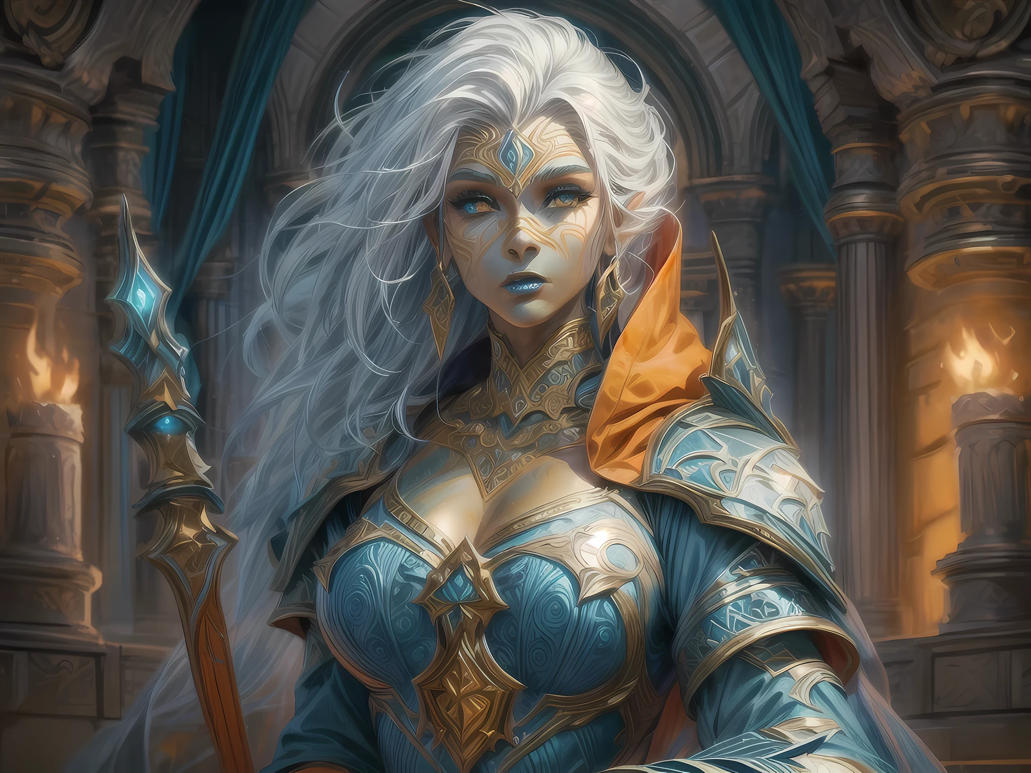 arte de fantasia, arte, Arte RPG, plano amplo, (obra de arte: 1.4) Retrato, detalhes intensos, Altamente detalhado, fotorrealista, melhor qualidade, alta resolução, Retrato a vedalken female (arte de fantasia, obra de arte, melhor qualidade: 1.3) ((blue pele: 1.5)), detalhes intensos facial details, beleza requintada, (arte de fantasia, obra de arte, melhor qualidade) clérigo, (blue colored pele: 1.5) 1 pessoa azul_pele, blue pelened female, (branco hair: 1.3), cabelo longo, olho verde intenso, arte de fantasia, obra de arte, melhor qualidade) armou uma espada de fogo fogo vermelho, vestindo pesado (branco: 1.3) armadura de malha de meia placa CM-Beautiful_armadura usando botas de salto alto amarradas, vestindo um(laranja :1.3) capa, usando símbolo sagrado brilhante GlowingRunes_amarelo, dentro do fundo do templo de fantasia, luz de reflexão, detalhes altos, melhor qualidade, 16k, [ultra detalhado], obra de arte, melhor qualidade, (extremamente detalhado), fechar-se, ultra plano amplo, fotorrealista, CRU, arte de fantasia, arte, arte de fantasia, arte realista,