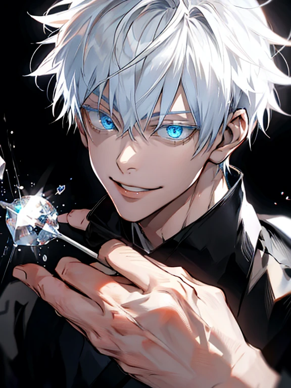 1boy, gojo satoru, Smile, Looking at Viewer, White hair, Blue eyes, Crystal clear eyes, Beautiful pupils, Beautiful detailed eyes, long eyelashes,Black Hakama, Lift sunglasses, Dynamic Angle, Perfect hands,