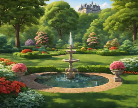 (middling,Highest lighting quality,A high resolution),(actual),(Vibrant colors),(HighDynamicRange),detailed garden background,Manor buildings in the distance,A castle can be seen,floral arrangements,Lush greenery,The sun shines through the trees,relaxing a...