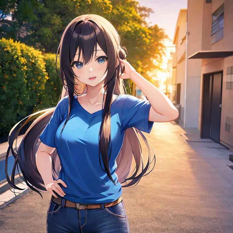 Anime girl with long hair and blue shirt poses for photo, realistic anime 3 d style, 3 d anime realistic, photorealistic anime, photorealistic anime girl render, Smooth Anime CG Art, Anime styled 3d, realistic anime art style, Anime Realism Style, Anime style. 8K, realistic young anime girl, render of a cute 3d anime girl