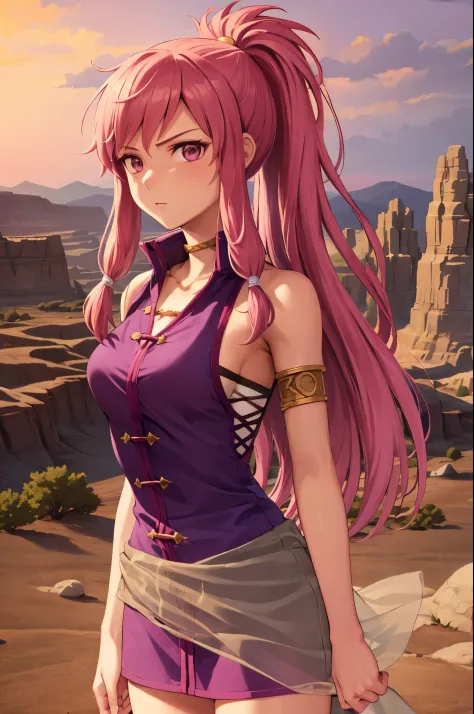 masterpiece, best quality, feMarisa, pink hair, ponytail, armlet, purple dress, see-through, upper body, standing, looking at viewer, serious, desert, rock formations, sun, dynamic pose