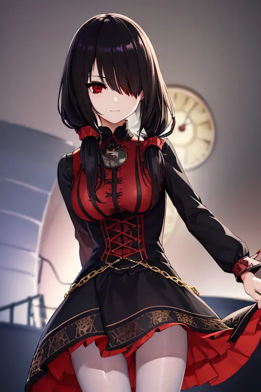 kurumitokisaki, tokisaki kurumi, (clock eyes:1.5), black hair, long hair, twintails, (hair over one eye:1.2), (red eyes:1.5), (m...