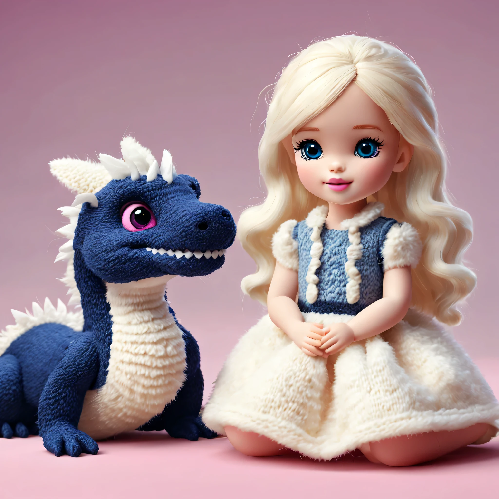 Barbie doll and dragon sitting next to each other on a pink surface -  SeaArt AI