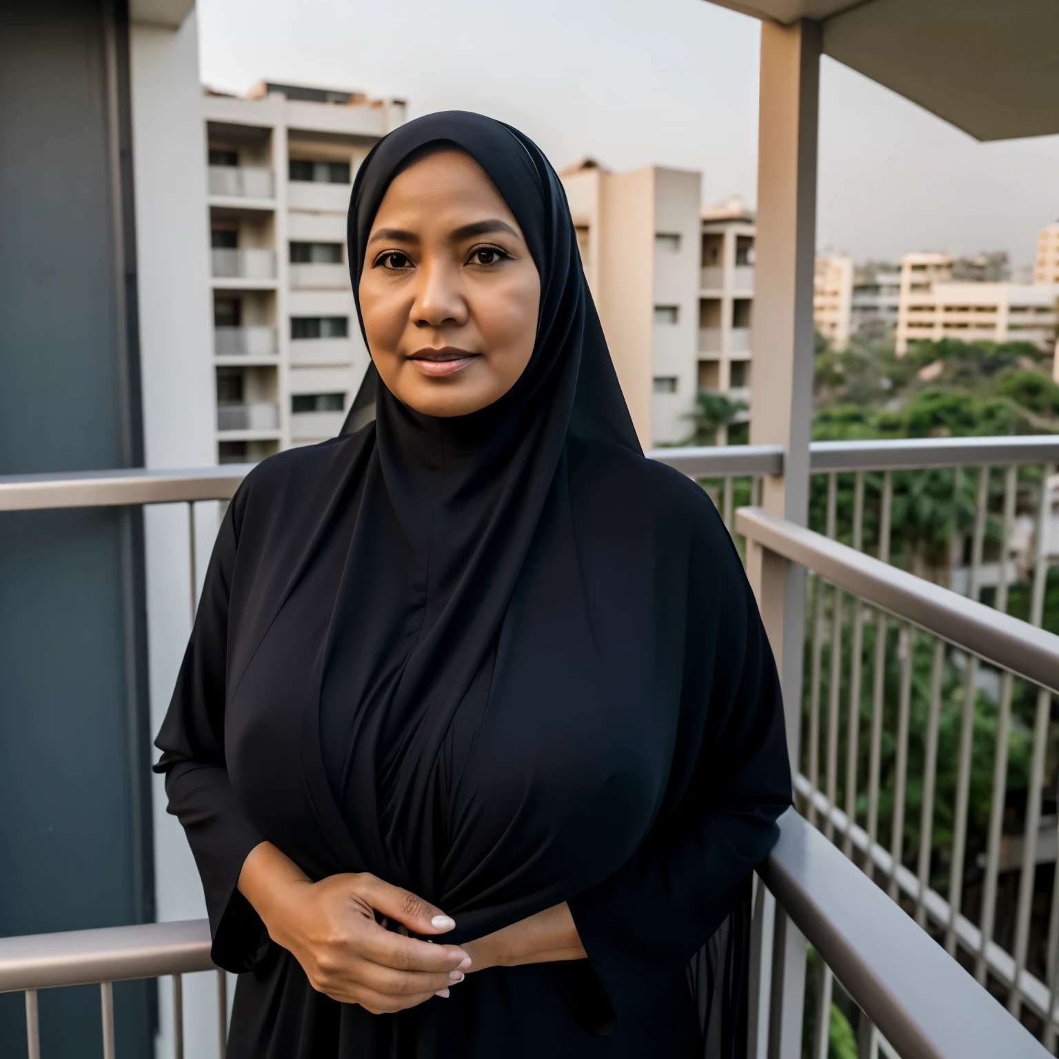 Woman in black hijab standing on balcony with city in background ...