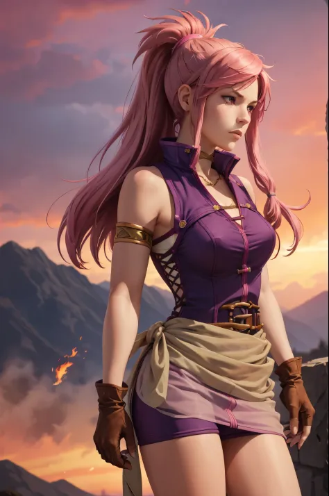 masterpiece, best quality, feMarisa, pink hair, ponytail, armlet, purple dress, see-through, belt, fingerless gloves, furrowed brow, serious, battlefield, fire, burning, cowboy shot, from side, red sky