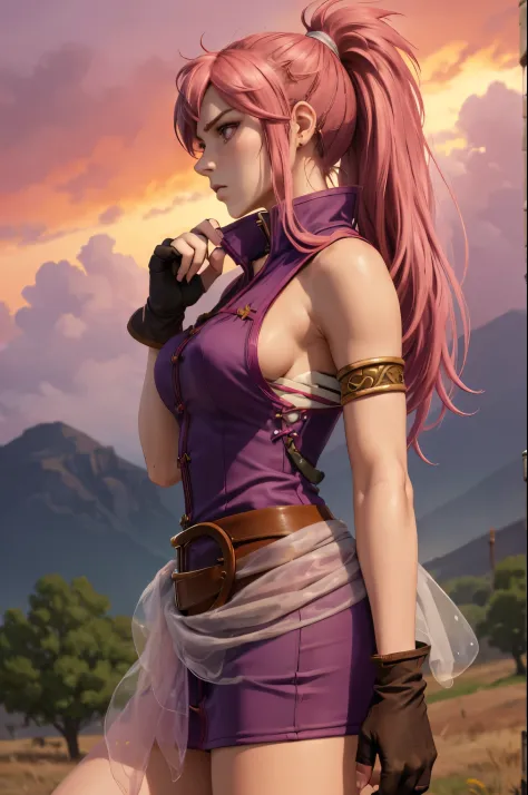 masterpiece, best quality, feMarisa, pink hair, ponytail, armlet, purple dress, see-through, belt, fingerless gloves, furrowed brow, serious, battlefield, fire, burning, cowboy shot, from side, red sky