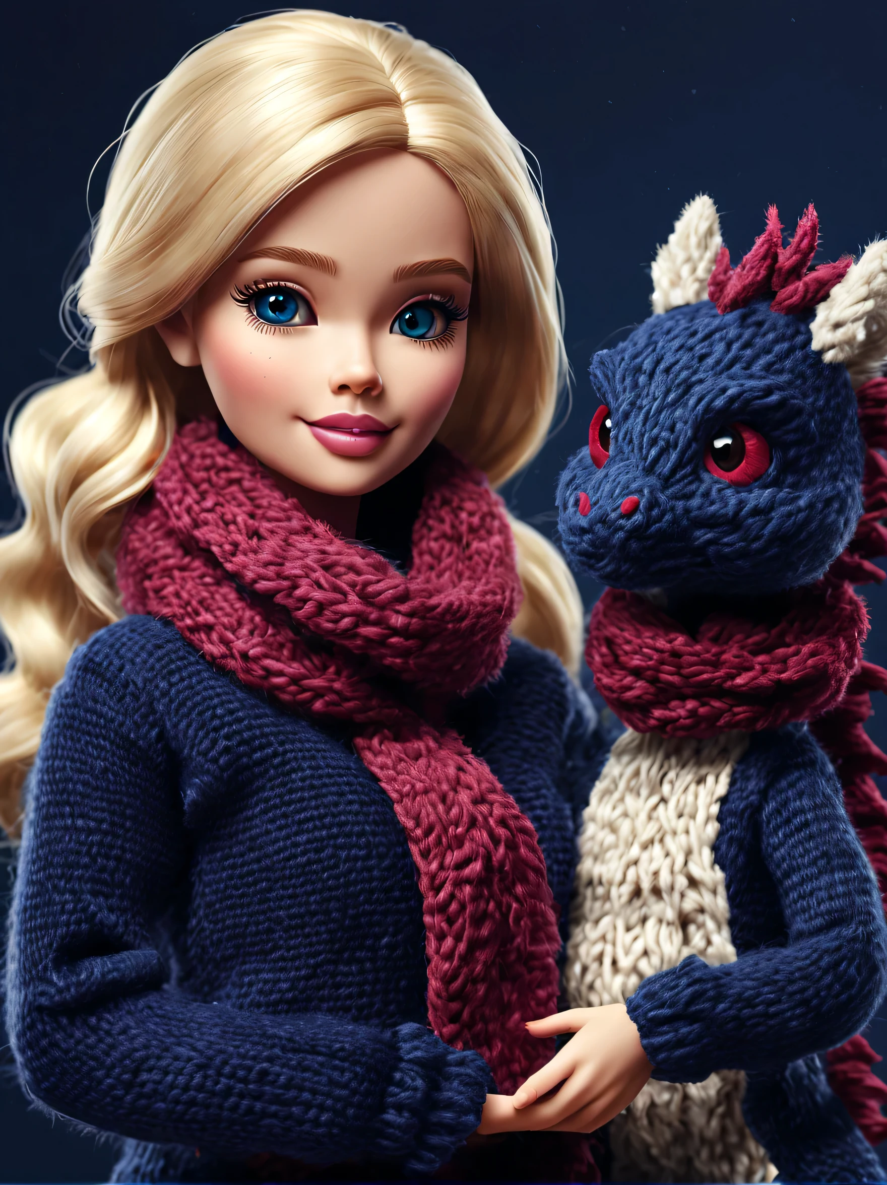 Barbie doll with a knitted scarf and a stuffed animal - SeaArt AI