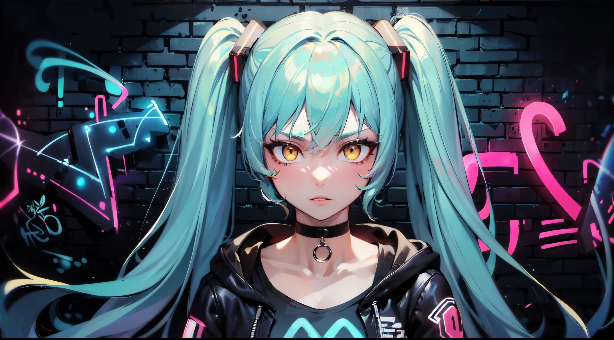 best quality, intricate details, chromatic aberration, (masterpiece), ultra details, ultra quality, rule of third, (top third shot), navel, 1girl, long hair, aqua hair, white highlights, golden eyes, sharp eyes, (looking at viewer), detailed face, detailed iris, glossy lips, hair between eyes, (hair intakeangs, choker, neon shirt, torn legwear, open jacket, against wall, brick wall, graffiti, (glowing graffiti:1.2), glow, neon lightlacklight:1.4), twin-tails,