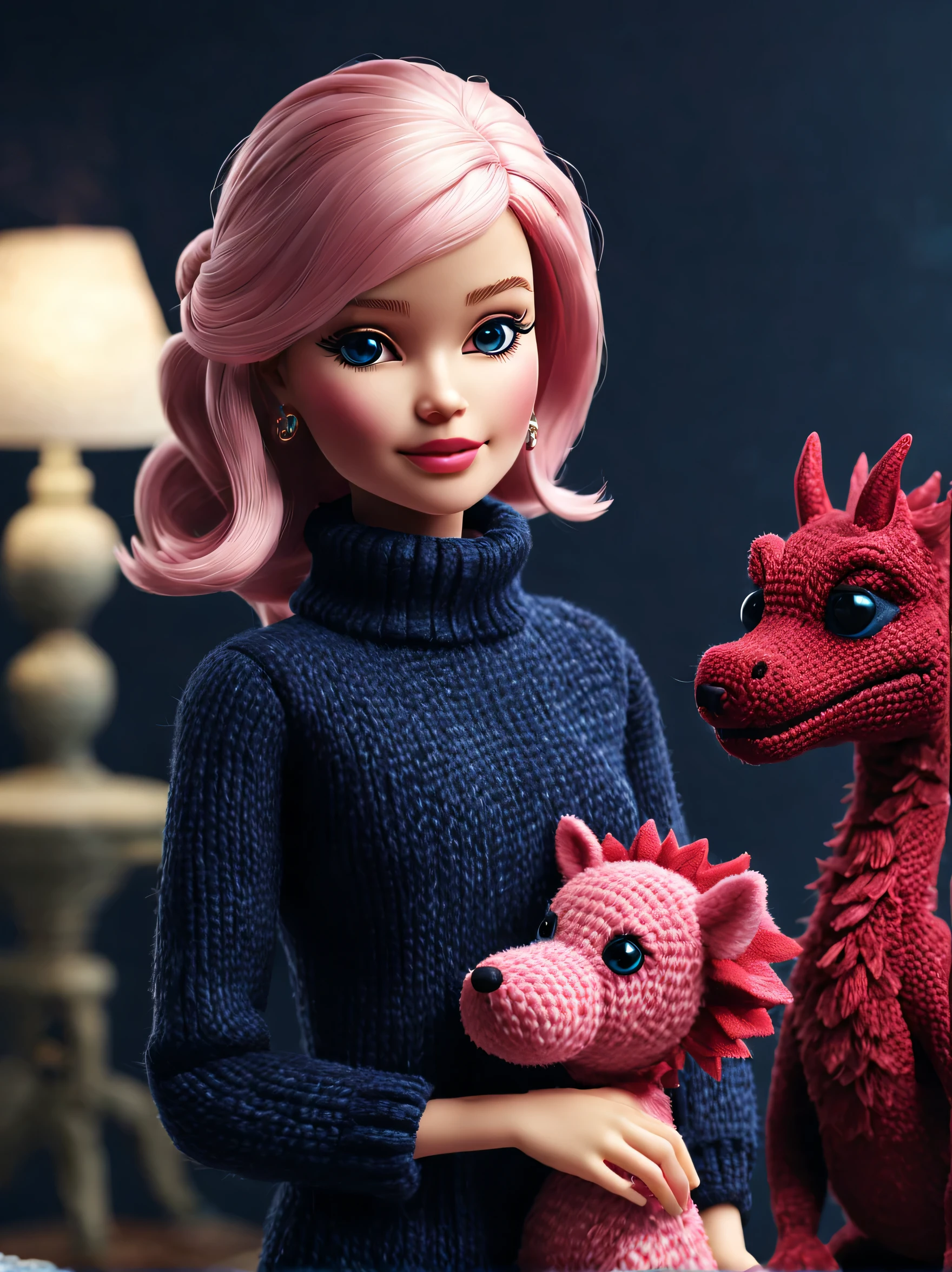 Barbie doll with pink hair and blue sweater holding a pink dragon - SeaArt  AI