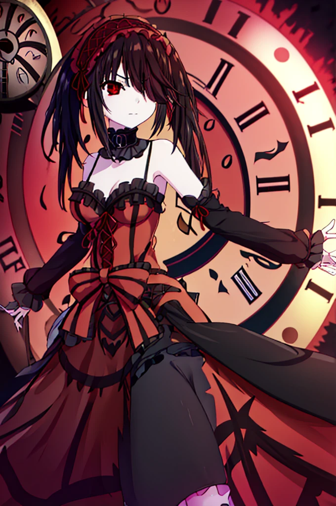 kurumitokisaki, tokisaki kurumi, (clock eyes:1.5), black hair, long hair, twintails, (hair over one eye:1.3), (red eyes:1.5), (medium breast:1.4), smug smile, gothic, pantyhose, black pantyhose, (cowboy shot:1.5),(masterpiece:1.2), best quality, high resolution, unity 8k wallpaper, (illustration:0.8), (beautiful detailed eyes:1.6), extremely detailed face, perfect lighting, extremely detailed CG, (perfect hands, perfect anatomy), cute