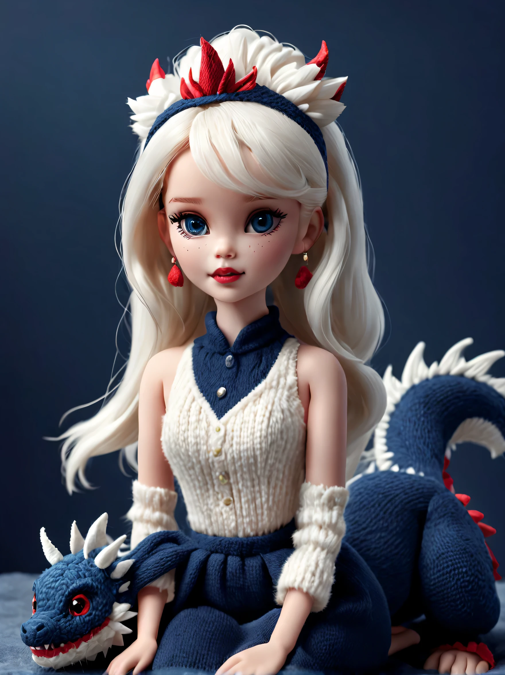 Blond doll with blue eyes and white dress sitting on a blue surface -  SeaArt AI