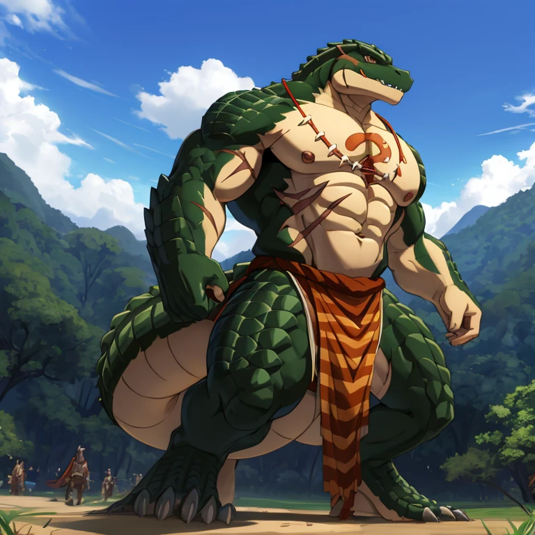 zenberu gugu, scalie, solo, loincloth, male, reptile, muscular male, overlord (series), anthro, muscular, clothing, muscular anthro, bottomwear, scales, tribal, pecs, outside, abs, claws, topless, hi res, sky, clothed, chest scar, biceps, blue sky, crocodilian, stripes, light, low-angle view, markings, day, multicolored scales, front view, digital media (artwork), standing, striped scales, cloud, scar, raised arm, big muscles, spikes, detailed background, two tone scales,
nj5furry,