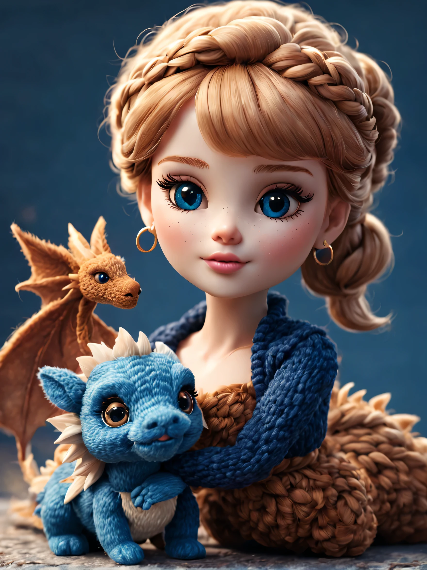 （Conception de jouets en peluche），Poupée Barbie coquine et mignonne et petit dragon，（artisanat en laine），Duveteux ，joli rendu 3D，Fond avec：Bleu foncé et marron caramel，Art numérique mignon et détaillé，Sentiment miniature，rendu 3D stylisé，Art de la figure rendu 3D 8k，belle peinture numérique，style animé 3D，Rendu ultra détaillé