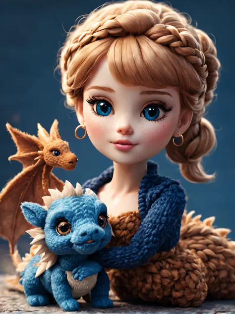 （Plush toy design），Naughty and cute Barbie doll and little dragon，（wool craft），Fluffy ，Cute 3d rendering，Background with：Dark bl...