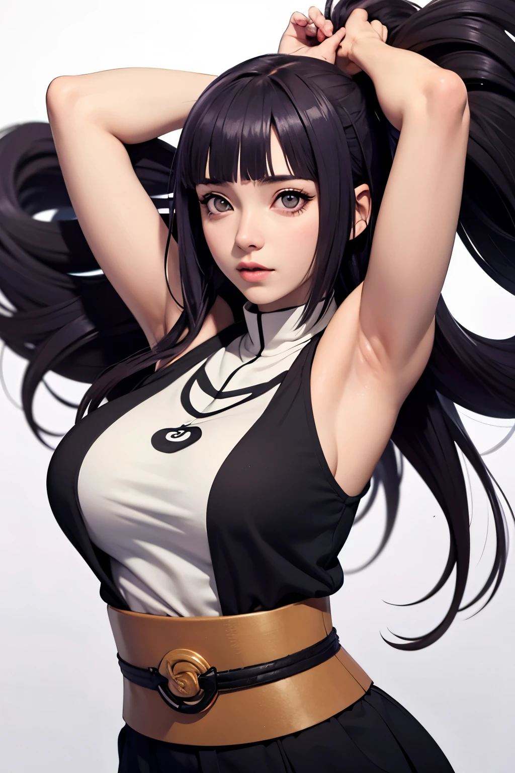 Hinata from Naruto Shippuden, UHD Hinata, UHD Hinata Byakugan eyes, Top sin mangas, brazos arriba en el aire, Detalles de axila UHD, Detalles de la cara UHD, axilas UHD, Villa Hoja, pechos grandes