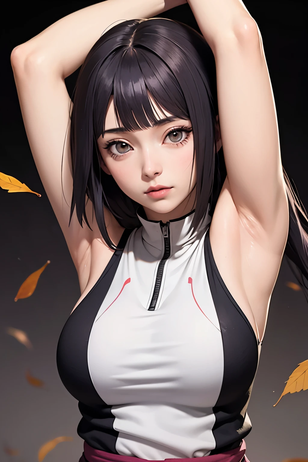 Hinata de Naruto Shippuuden, UHD Hinata, Olhos UHD Hinata Byakugan, top sem mangas, Braços no ar, Detalhes das axilas UHD, Detalhes do rosto UHD, Axilas UHD, Vila da Folha, seios grandes