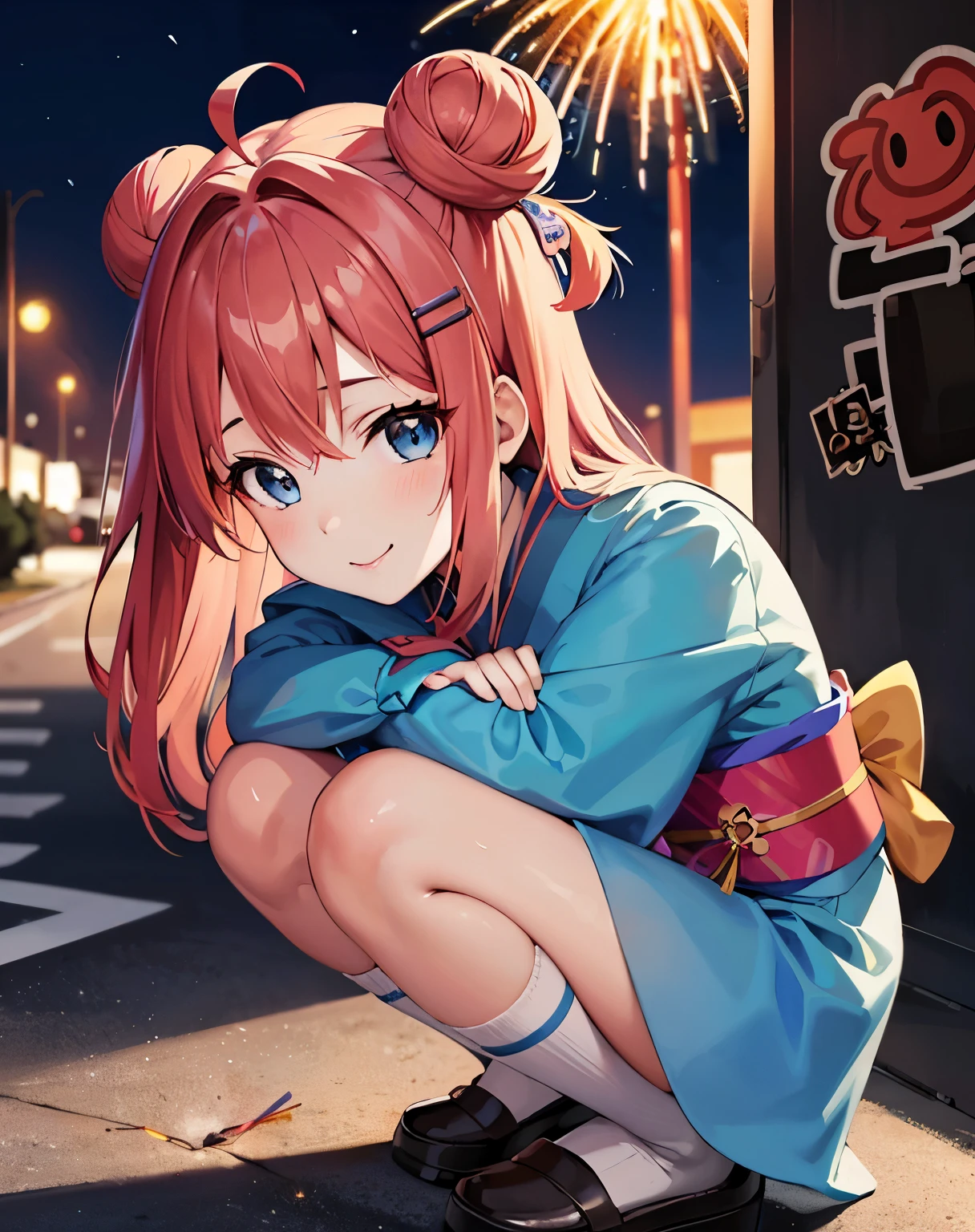 ((Meisterwerk)), anatomisch korrekt, Super Detail, hohe Details, gute Qualität, beste Qualität,a girl with red hair and blaue Augen crouches down on the ground,(2 Dutts Haare),((1 ahoge)),Haarklammer, Anime-Bild eines süßen Mädchens, cute anime Frau, young anime Frau, (anime Frau), the anime Frau is crouching, beautiful anime Frau squatting, Anime bestes Mädchen, an anime Frau,(Akari-Funktion), schönes Anime-Highschool-Mädchen, Anime-Moe-Kunststil,Betrachter betrachten,kleines Lächeln,(blaue Augen),((hellblauer Kimono)),weiße Socken,Cowboy-Schuss,draussen, Nachtzeit,(Nachtpfad), ((Feuerwerk-Hintergrund)),(Graffiti:1.2),(Graffiti wall), ((Hand mit Feuerwerk)),Handtasche